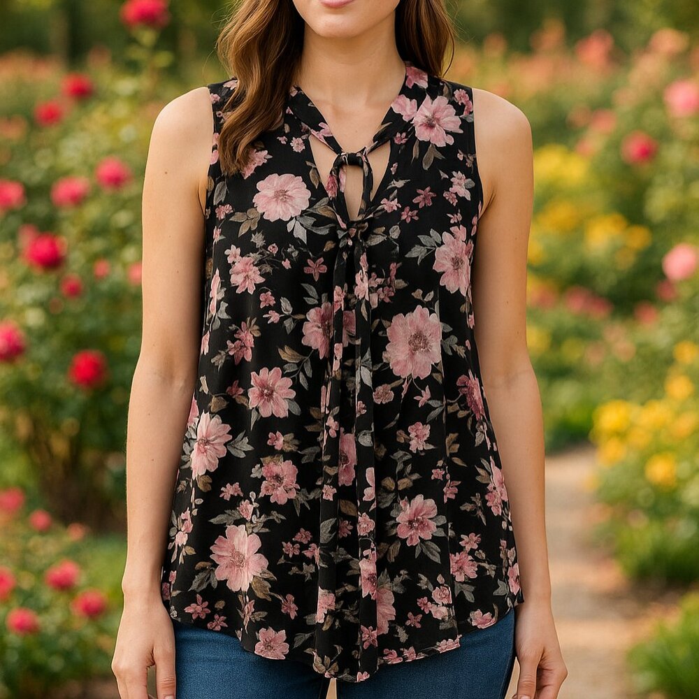 Ember‎ Women’s Sleeveless Floral Top Black Pink Boho Blouse S Keyhole Tie Neck
